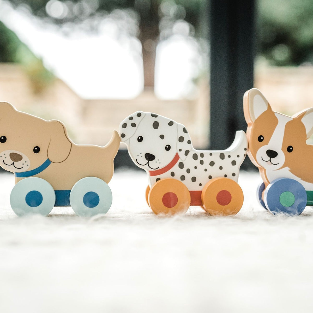 Three colorful wooden dog toys on a white surface 