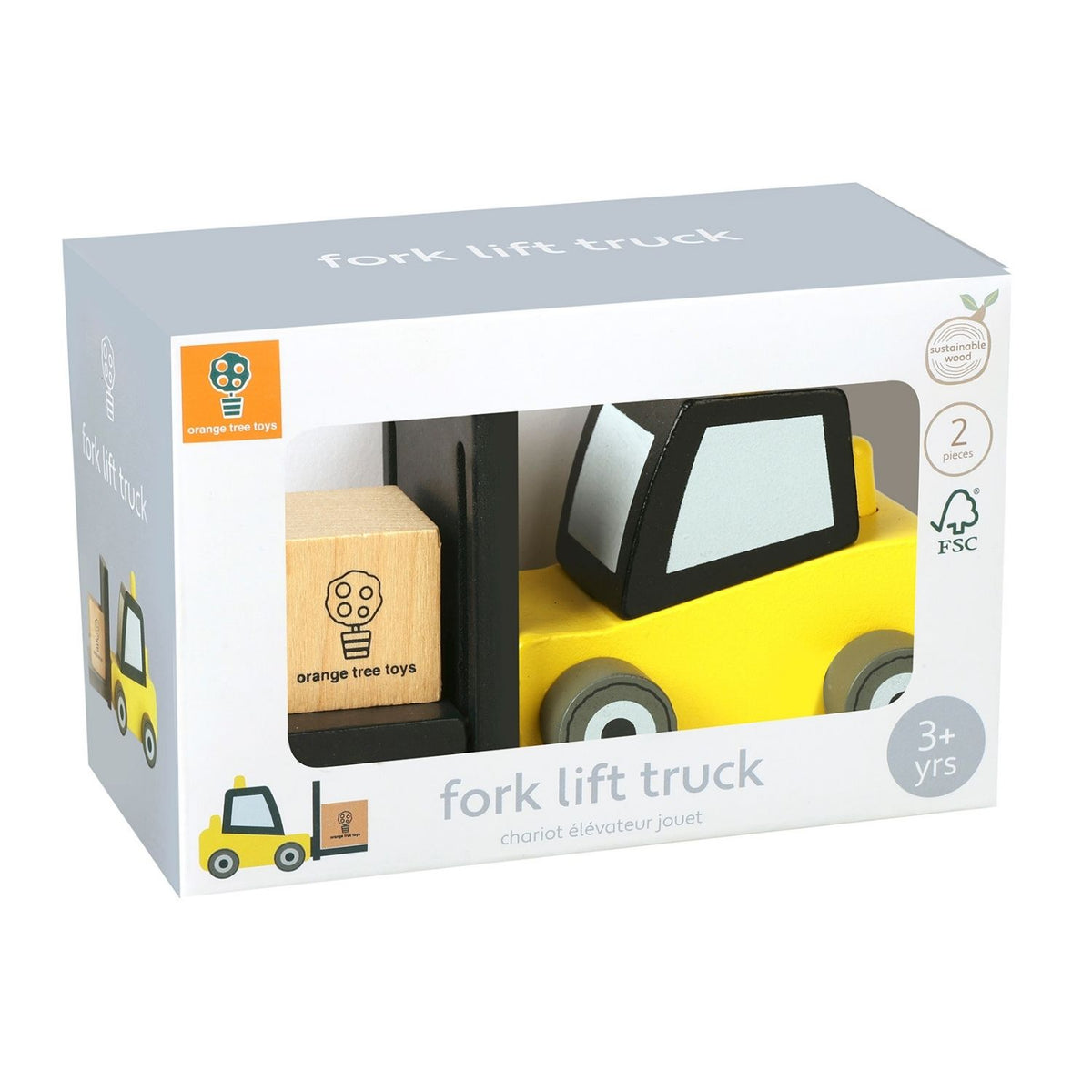 A product packaging shotfeaturing the Orange Tree Toys Construction Forklift Truck, showcasing its bright yellow body, black hazard stripe accents, driver cabin, and functional wooden lifting forks raised with a wooden cargo block.