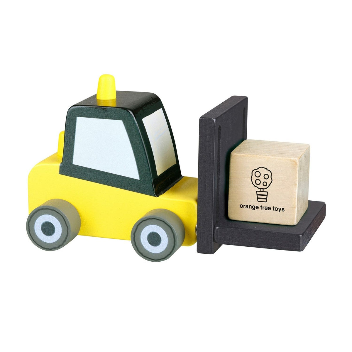 A timeless wooden utility vehicle. With working lifting forks and bold worksite styling, this sturdy forklift toy makes an ideal gift for young builders.