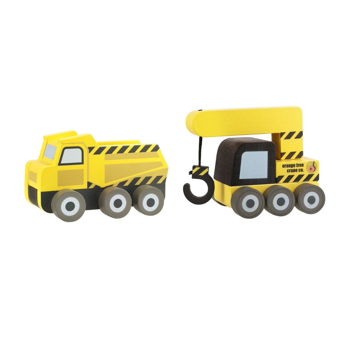 A product shot featuring the Orange Tree Toys Construction Vehicles Set, showing the chunky yellow wooden crane and matching hauler truck parked side-by-side.