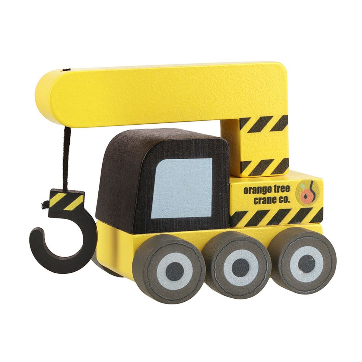 Wooden Toy crane with a hook on a white background