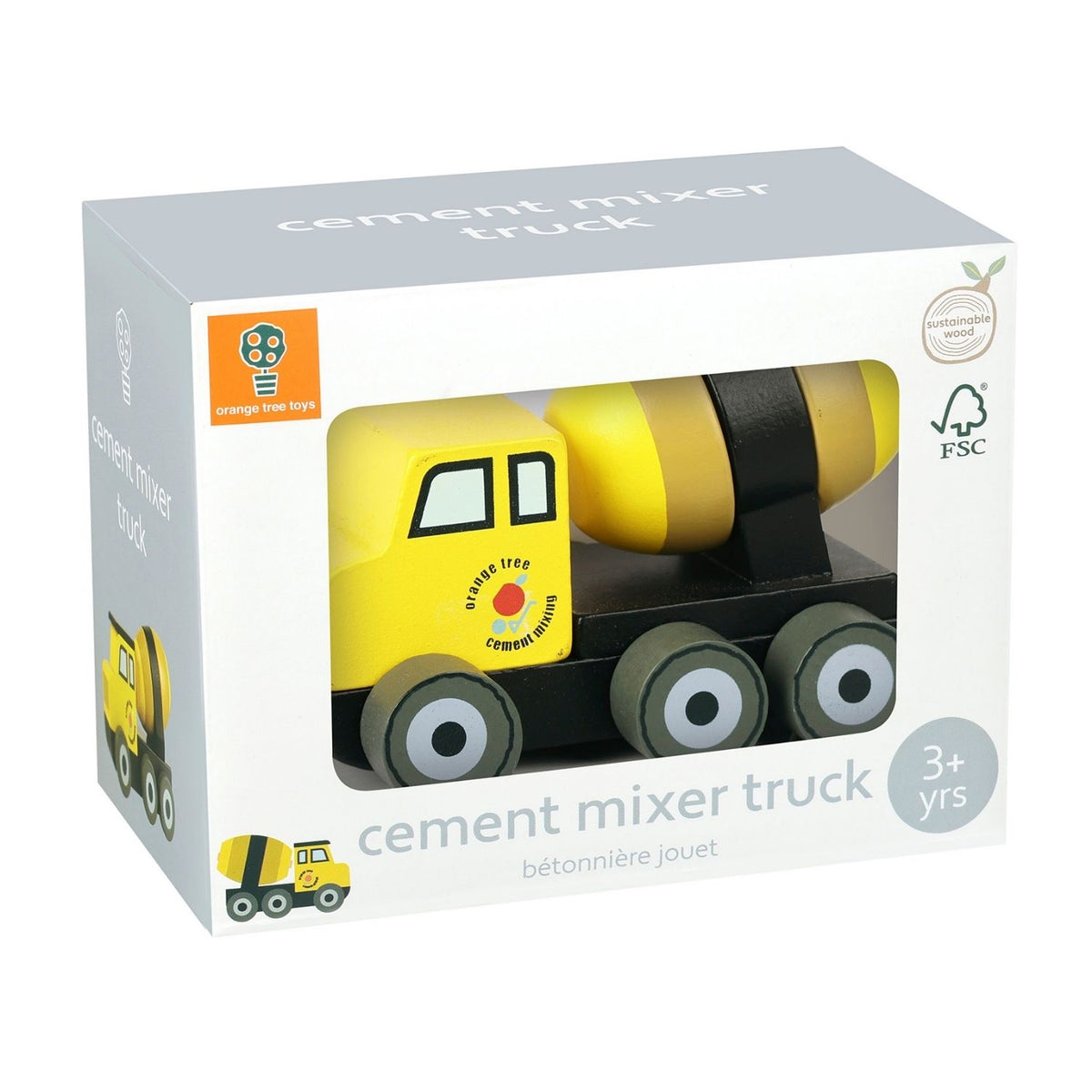 A product packaging shot featuring the Orange Tree Toys Construction Cement Mixer Truck, showcasing its bright yellow cab, black hazard stripe accents, and large wooden rotating mixer drum.