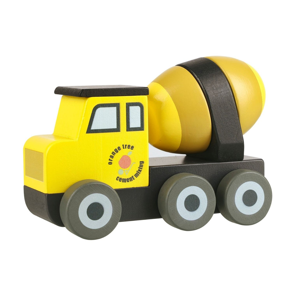 A side angle shot displaying the painted driver cabin graphics, headlights, front bumper, and sturdy rolling wooden wheels.