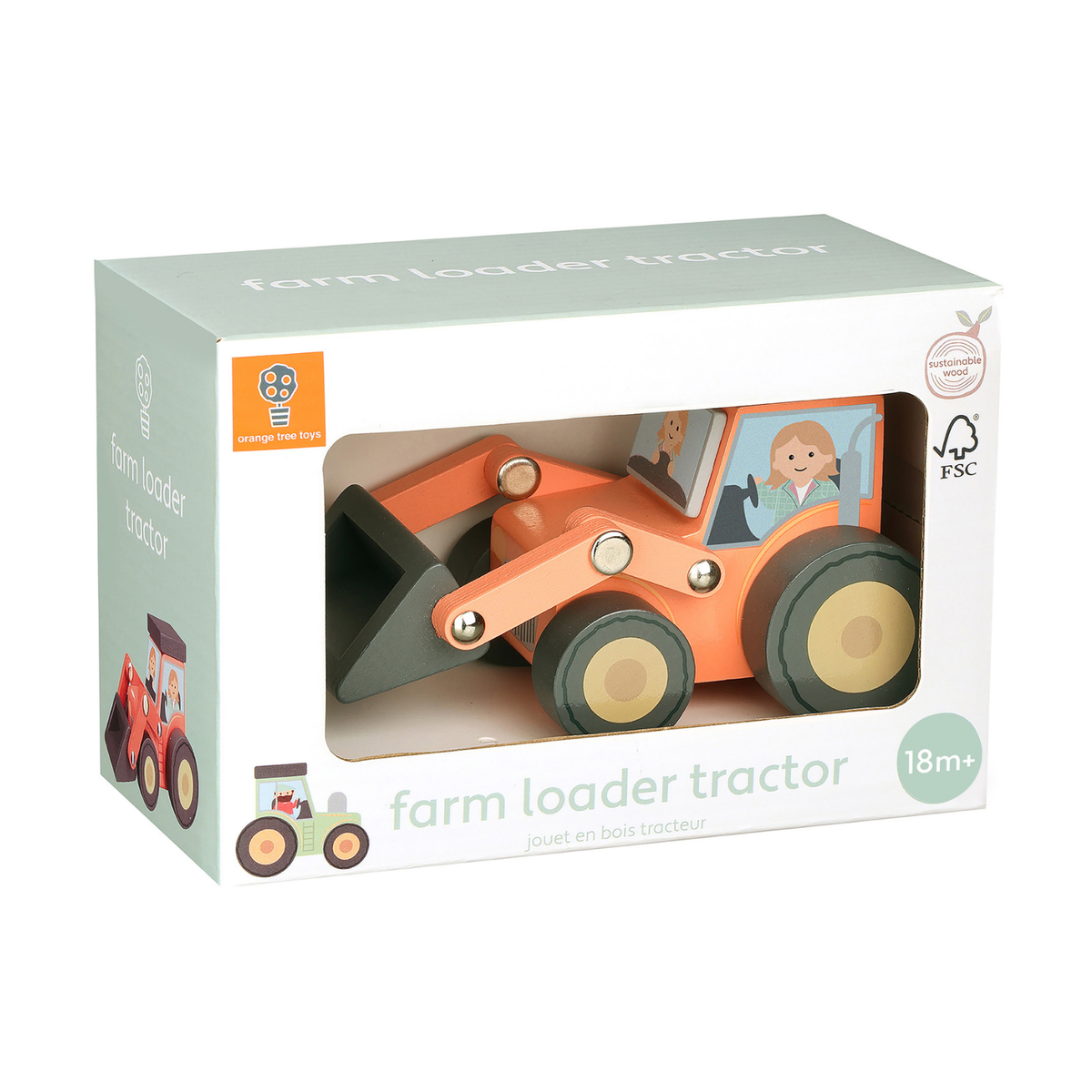 A product packaging shot featuring the Orange Tree Toys Wooden Farm Loader Tractor, showcasing its bright orange body, cheerful painted driver, and functional front scoop.