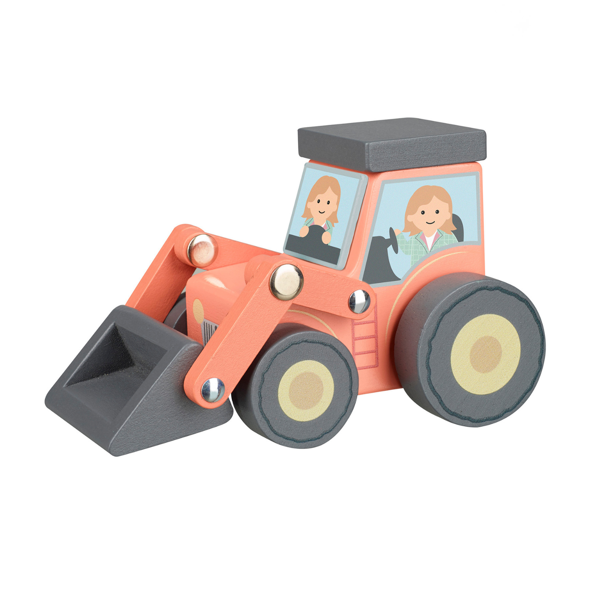 classic kids wooden toy bulldozer with hand painted farmer on the inside. 