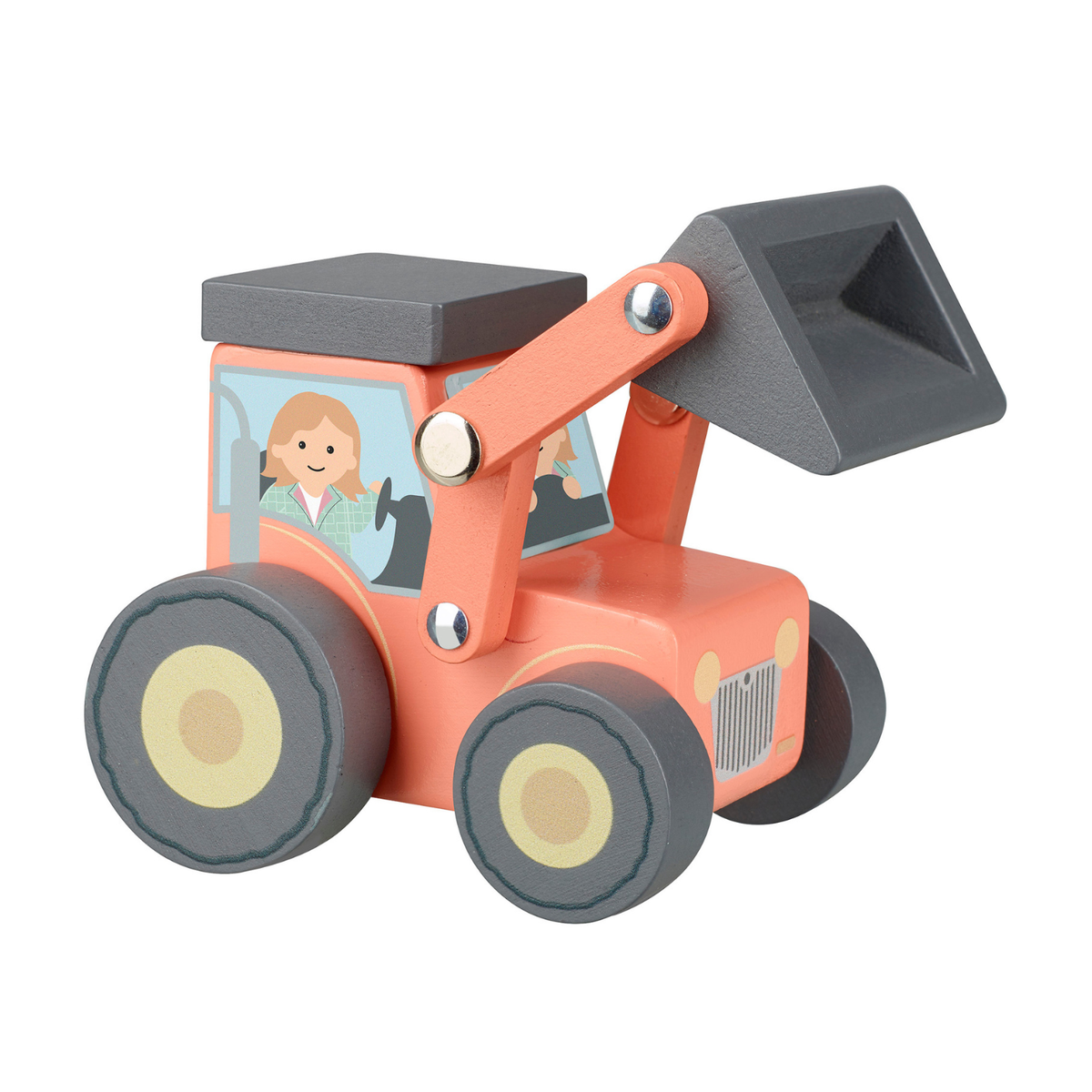 Wooden toy bulldozer with a driver figure inside.