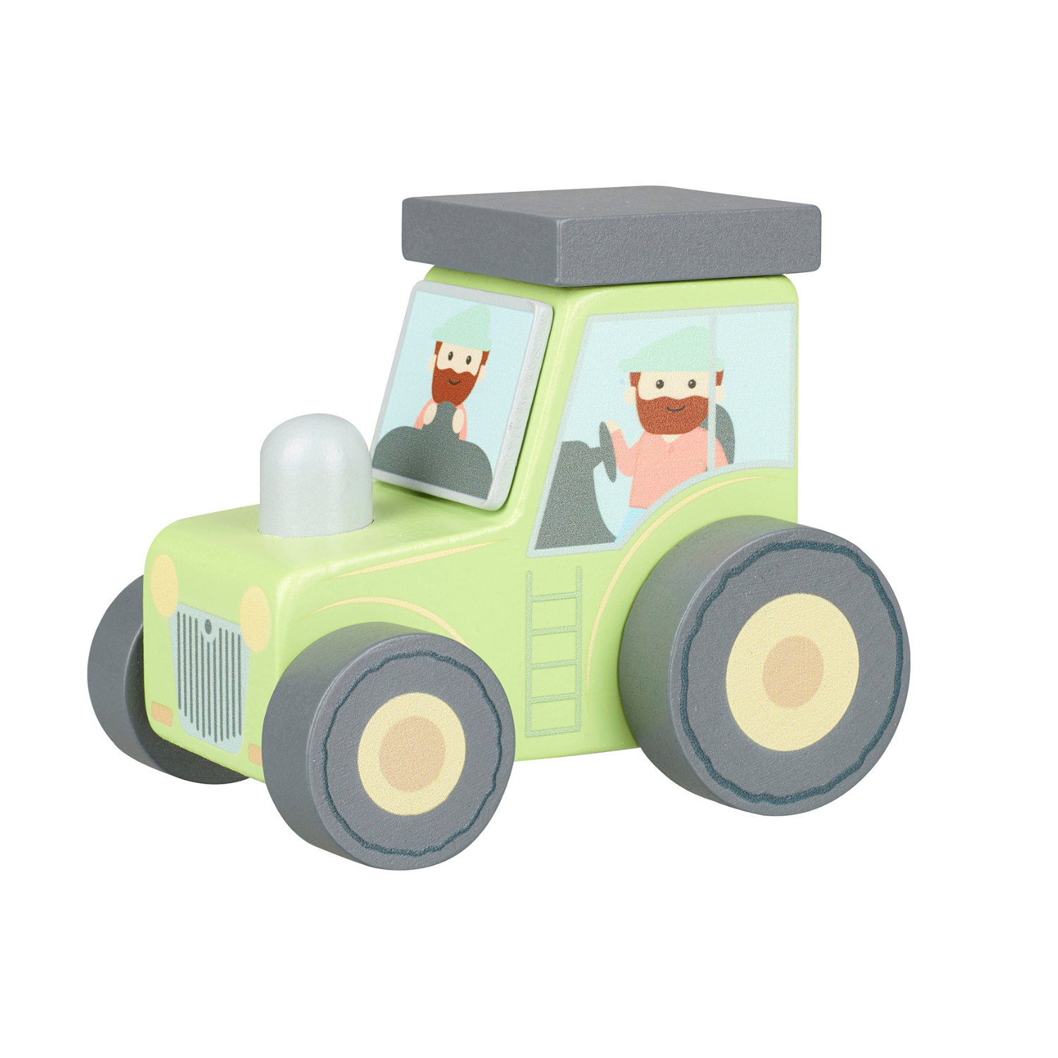 A product packaging shot featuring the Orange Tree Toys Wooden Farmyard Tractor, showcasing its chunky green wooden body, yellow wheel hubs, and cheerful painted driver illustration.