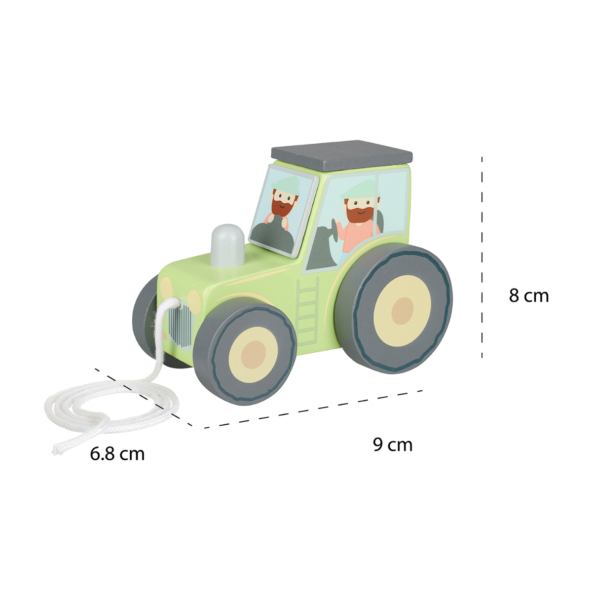 A clean side-view product shot displaying the tractor’s smooth, rounded roof contours, detailed engine grill graphic, and large rolling wooden wheels.