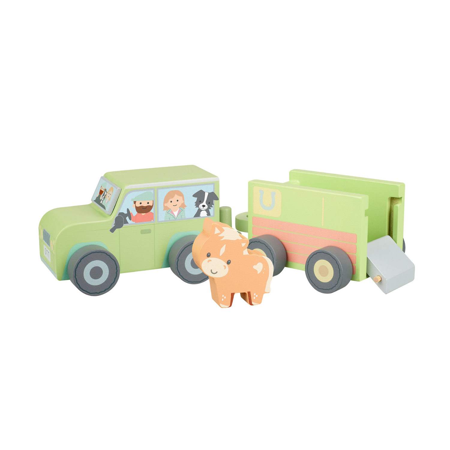 A product shot featuring the Orange Tree Toys Wooden Farmyard 4x4 & Horse Float fully connected, with the wooden horse standing beside the lowered rear ramp door.