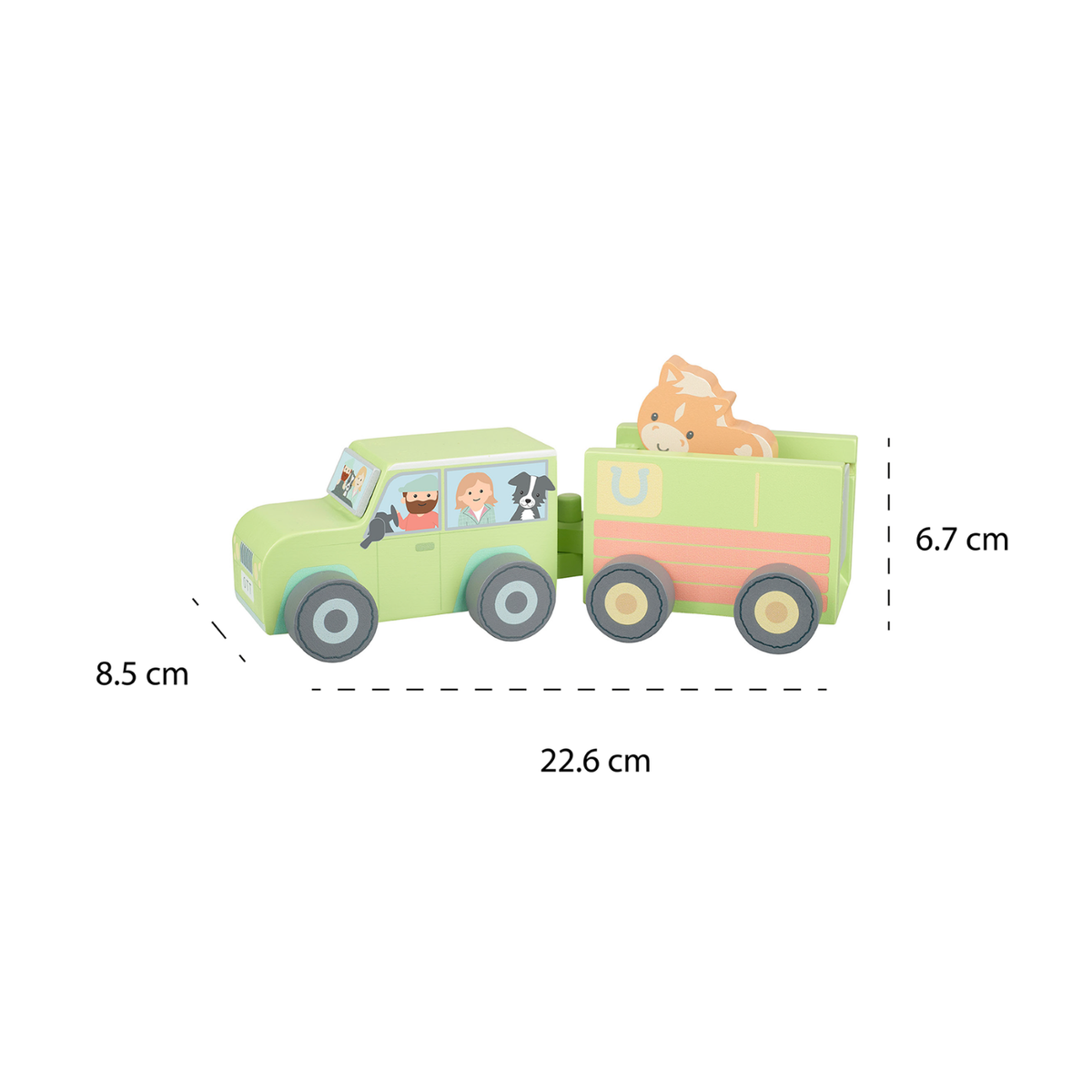Toy truck with a horse trailer attached, showing dimensions on a white background