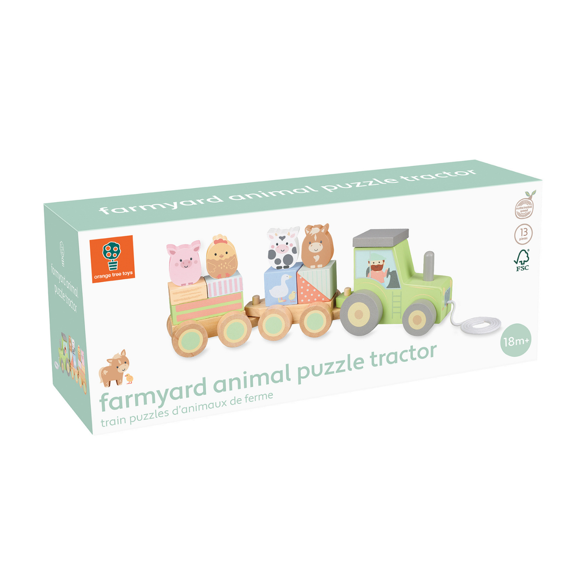 Packaging shot of the 3-in-1 developmental tractor toy made from 100% FSC-certified wood with child-safe paints. Builds fine motor dexterity and walking confidence with a pull-along cord.