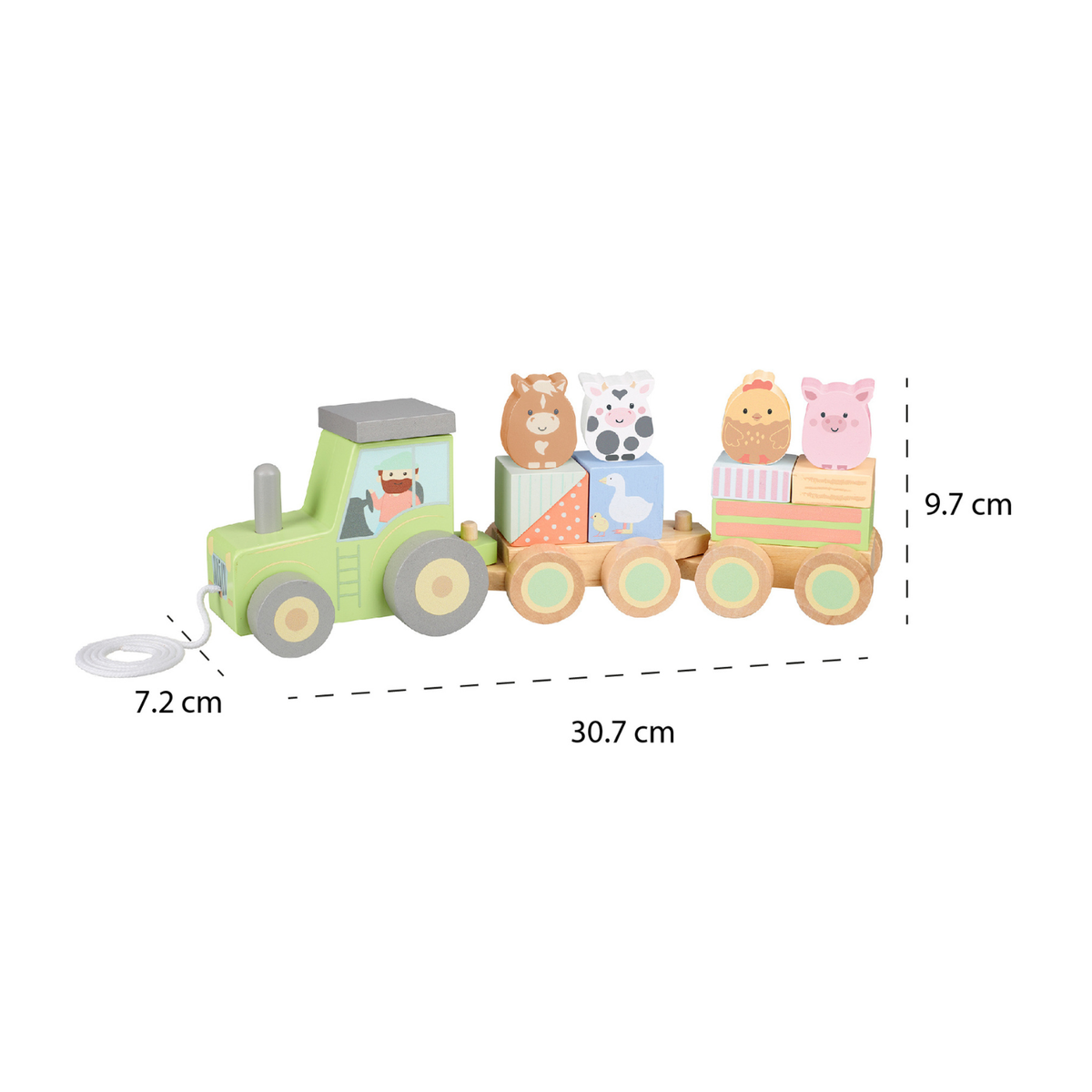 Wooden toy tractor train with farm animal figures and measurements.