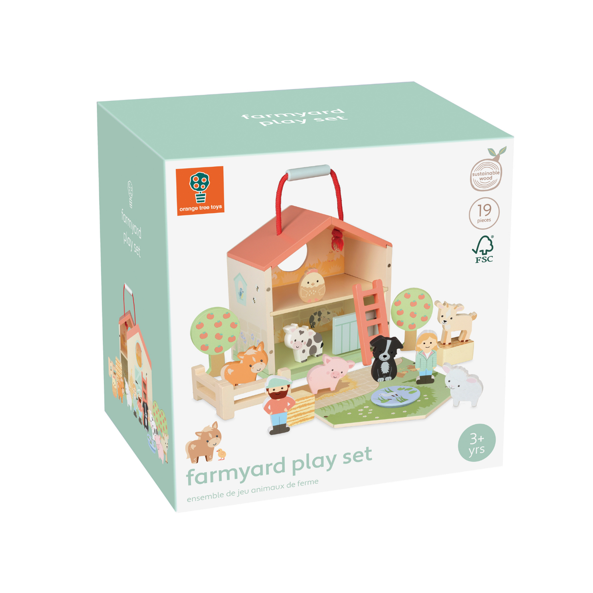 A product packaging shot featuring the Orange Tree Toys Farmyard Play Set opened with the magnetic front detached, revealing the barn interior, fold-out meadow scene, wooden farmer figures, and farm animals.