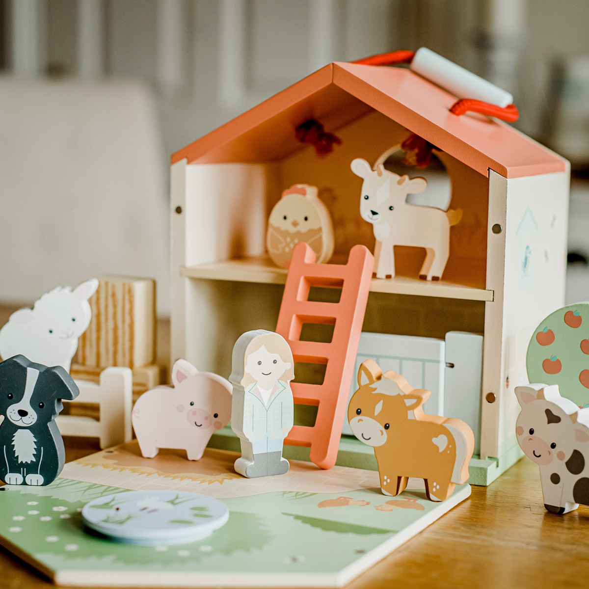 Wooden farm house toy play set with kids favourite farm animals.