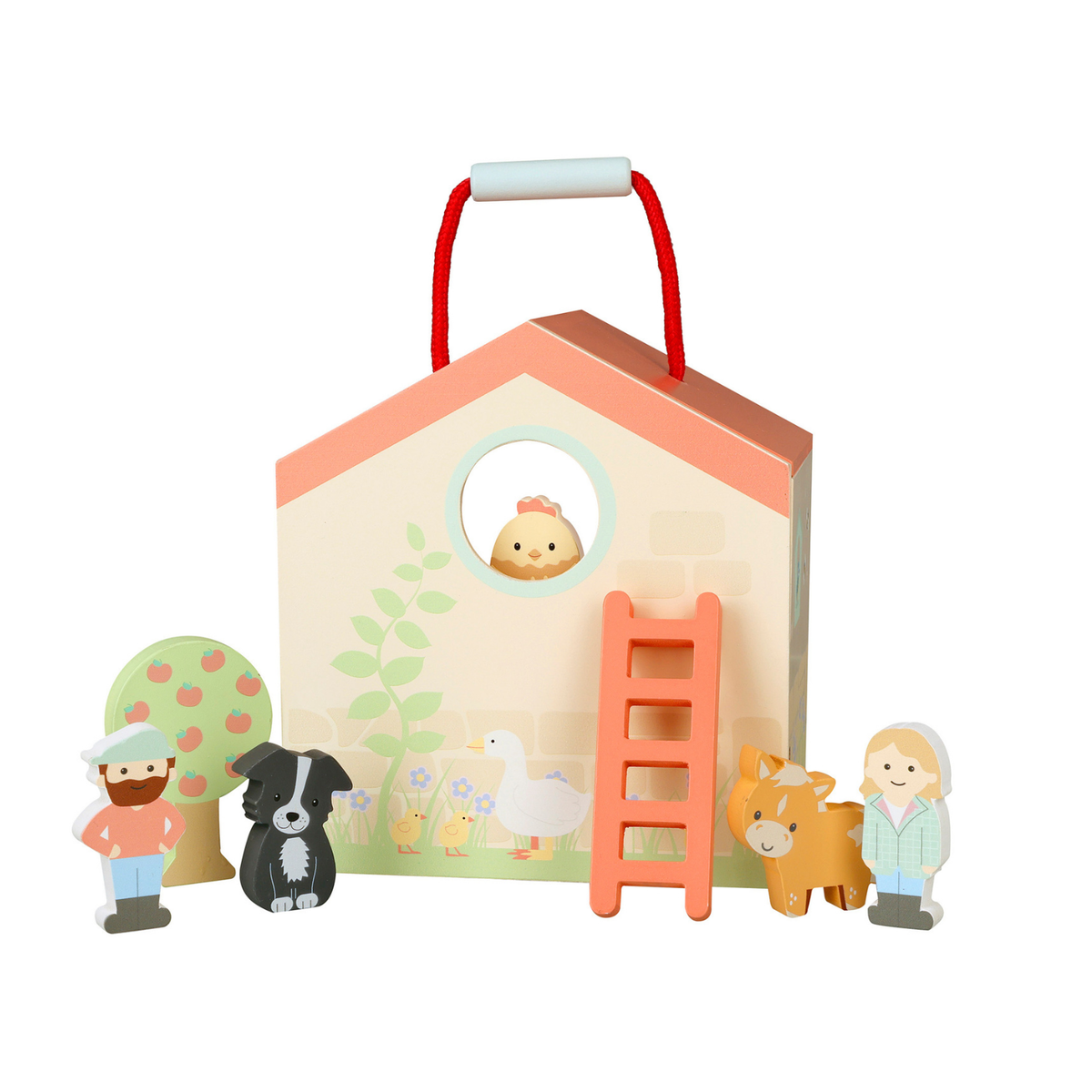 A front-facing studio shot showing the wooden farm playset highlighting the classic barn facade, roof detailing, and carry handle.