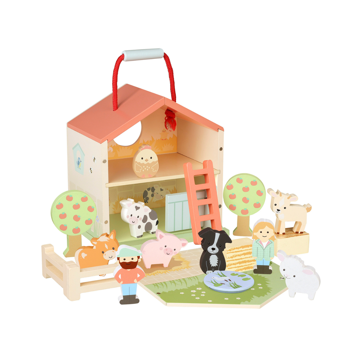 Wooden toy farm play set with animals and figures on a white background