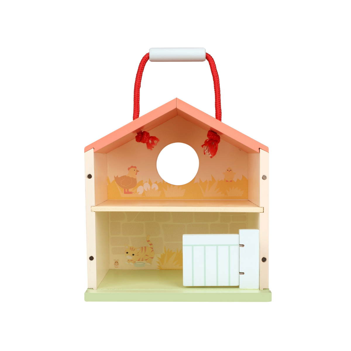 Wooden toy house interior  showing chickens nesting and cat home with a red carry handle.