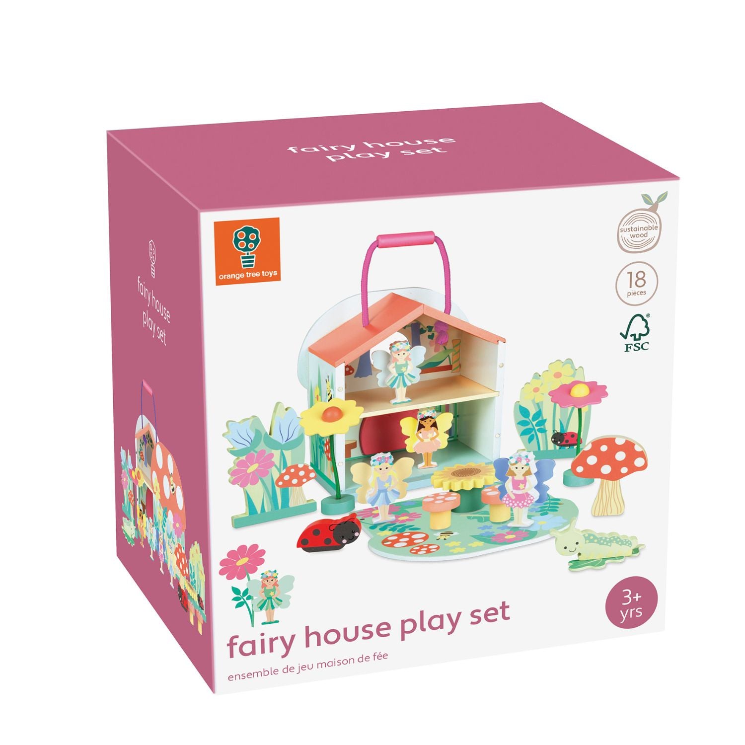 A product packaging shot displaying the fairy house set, showcasing the painted floral cottage facade, charming front door, and fairies.
