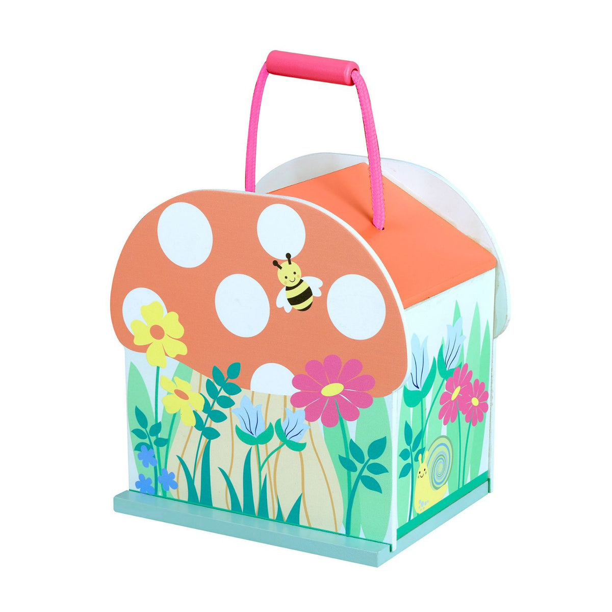 Colorful children's wooden playset box with carry handle, a mushroom design, flowers, and a bee on a white background.