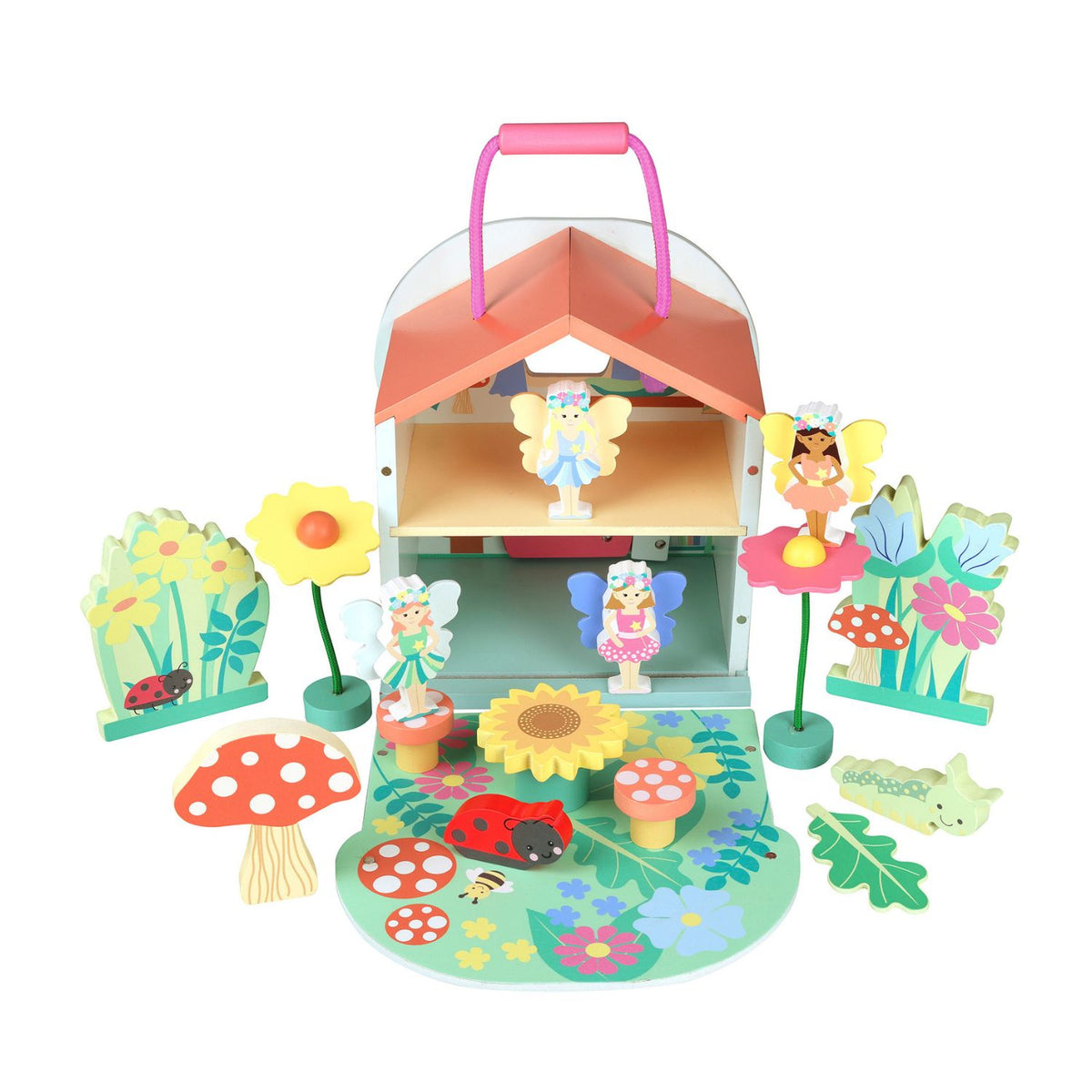 Colourful wooden toy set with fairy figures, flowers, and a transparent house on a white background