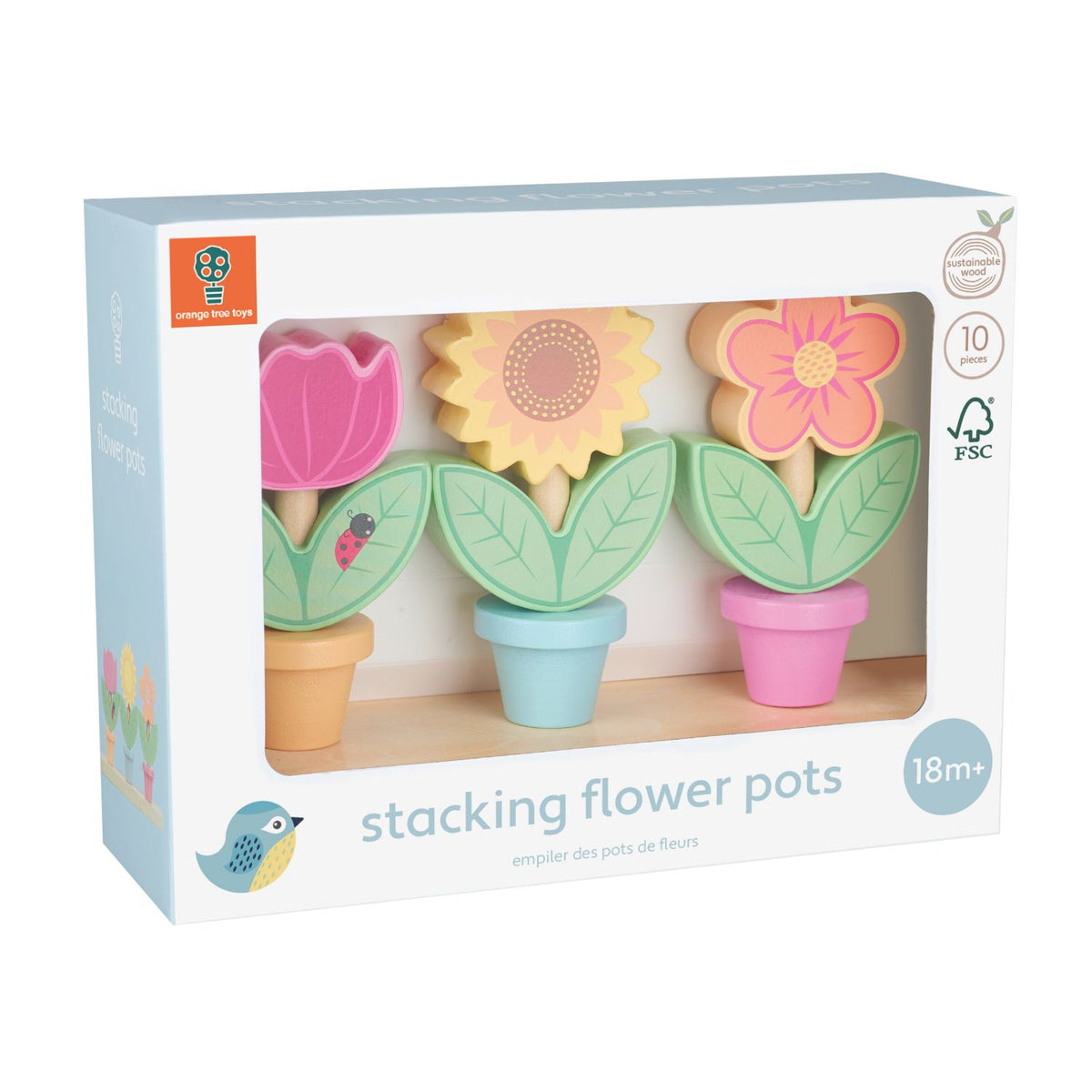 A product shot displaying the fully assembled Wooden Stacking Flower Pots sitting neatly in their illustrated, plastic-free retail gift box.