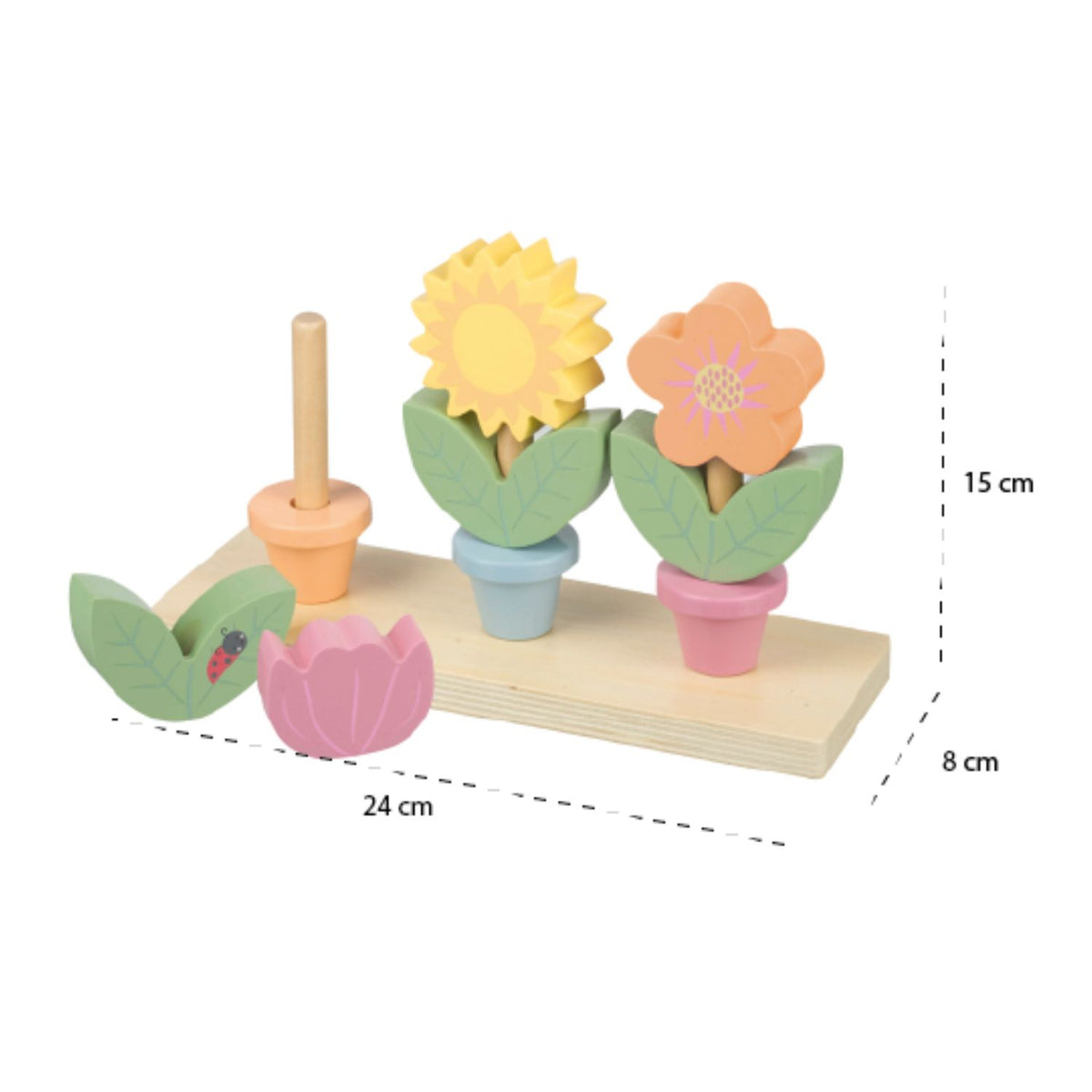 Wooden toy flower stand with flowers and measurements on a white background