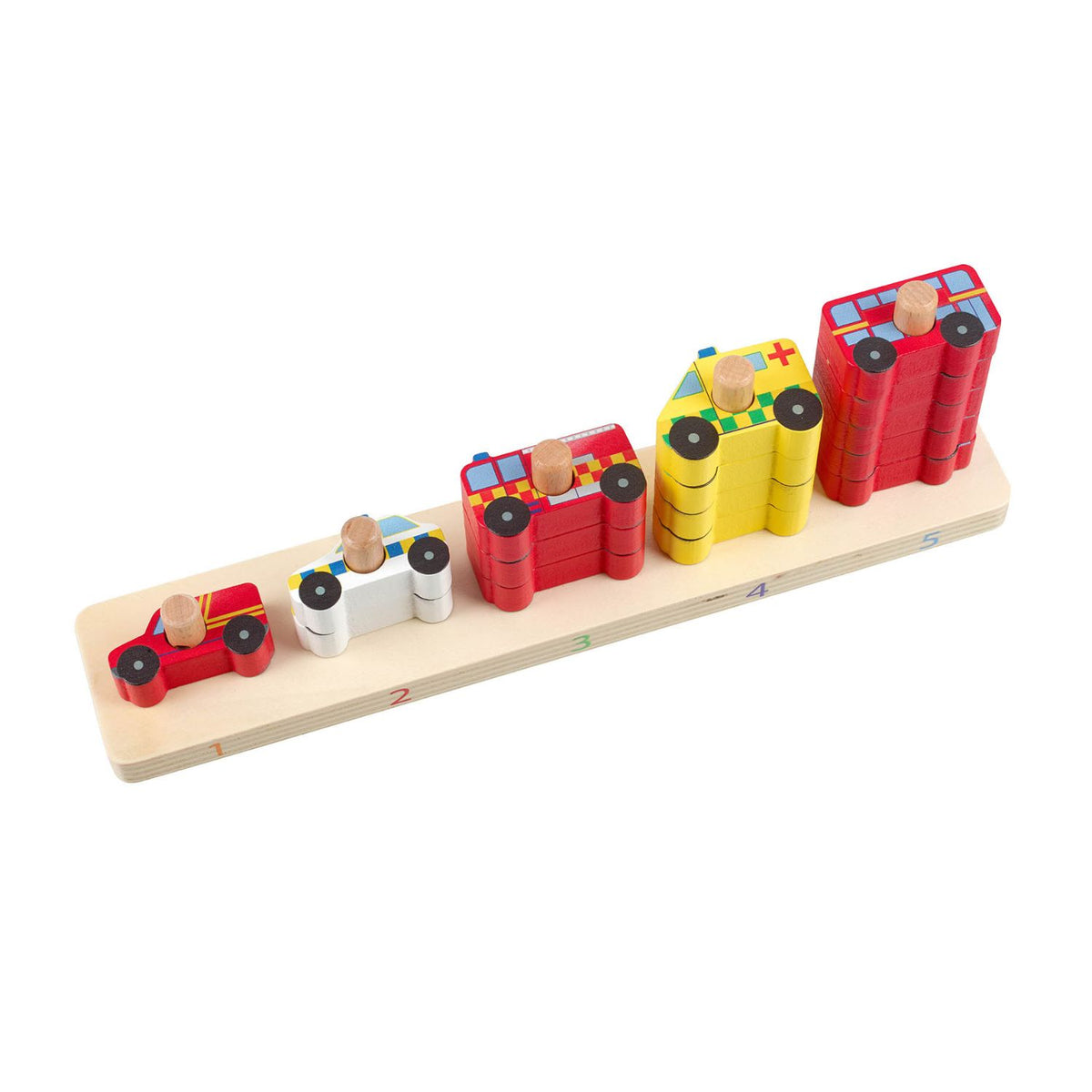 A product shot featuring the Orange Tree Toys Emergency Services Counting Game fully assembled, showing all 15 colorful wooden rescue vehicles arranged neatly across the tiered counting base.