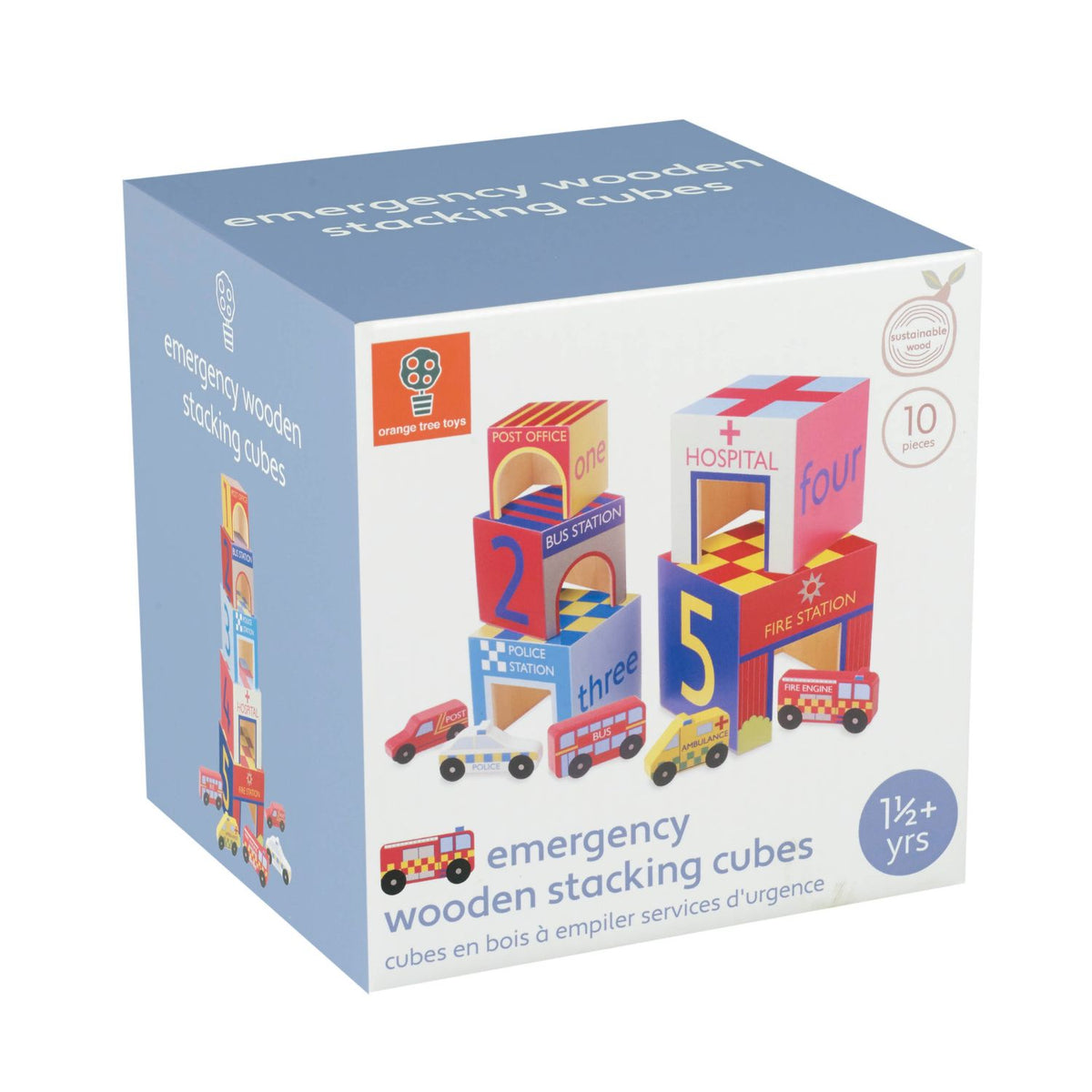 A product packaging shot featuring the Orange Tree Toys Emergency Services Wooden Stacking Cubes built into a tall vertical tower from 1 to 5, with matching wooden rescue vehicles parked in front of each station.