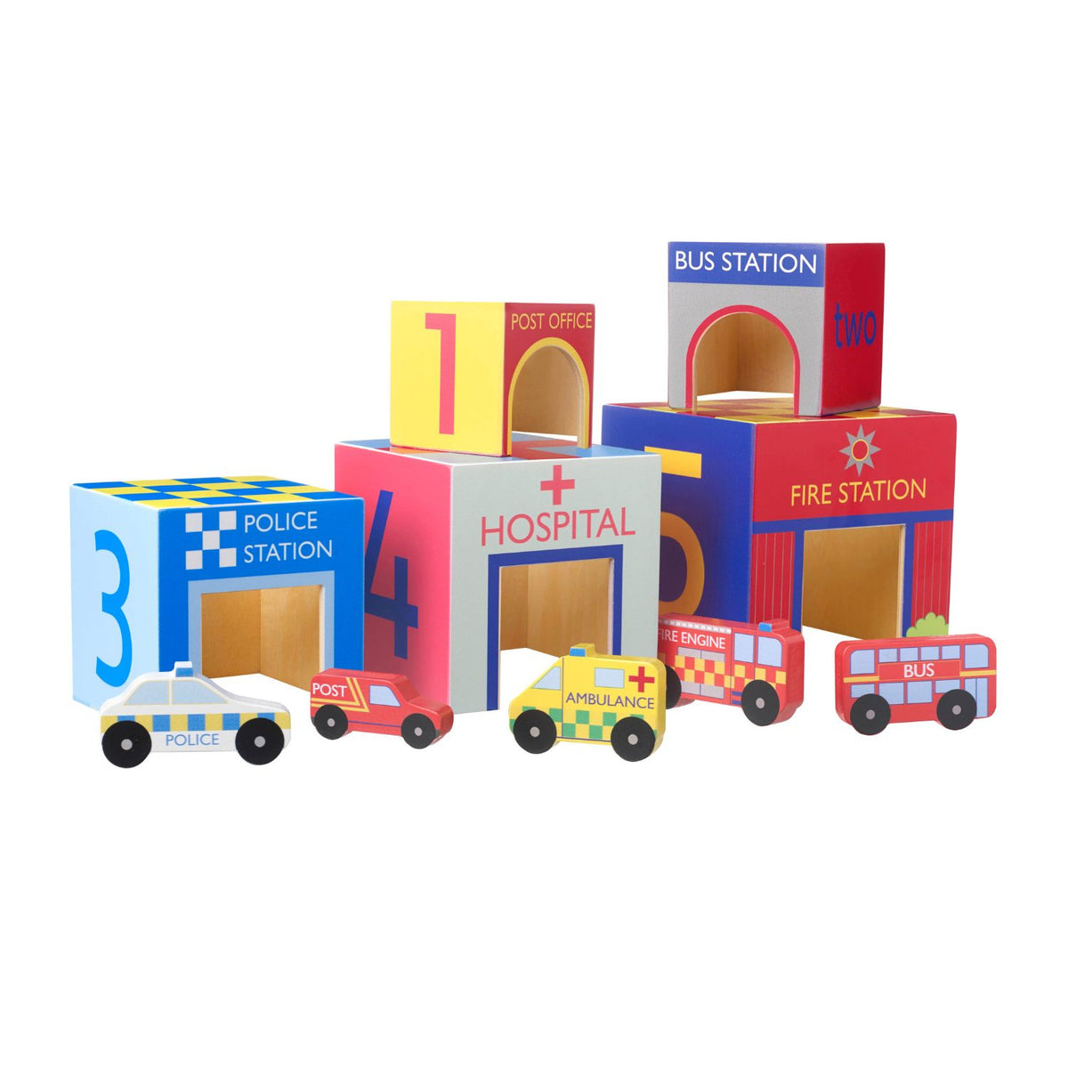 A product shot displaying all 5 emergency station cubes alongside the individual wooden emergency vehicles, including police cars, fire engines, and ambulances.