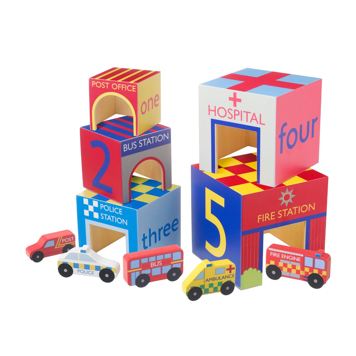 A product shot displaying all 5 emergency station cubes alongside the individual wooden emergency vehicles, including police cars, fire engines, and ambulances.