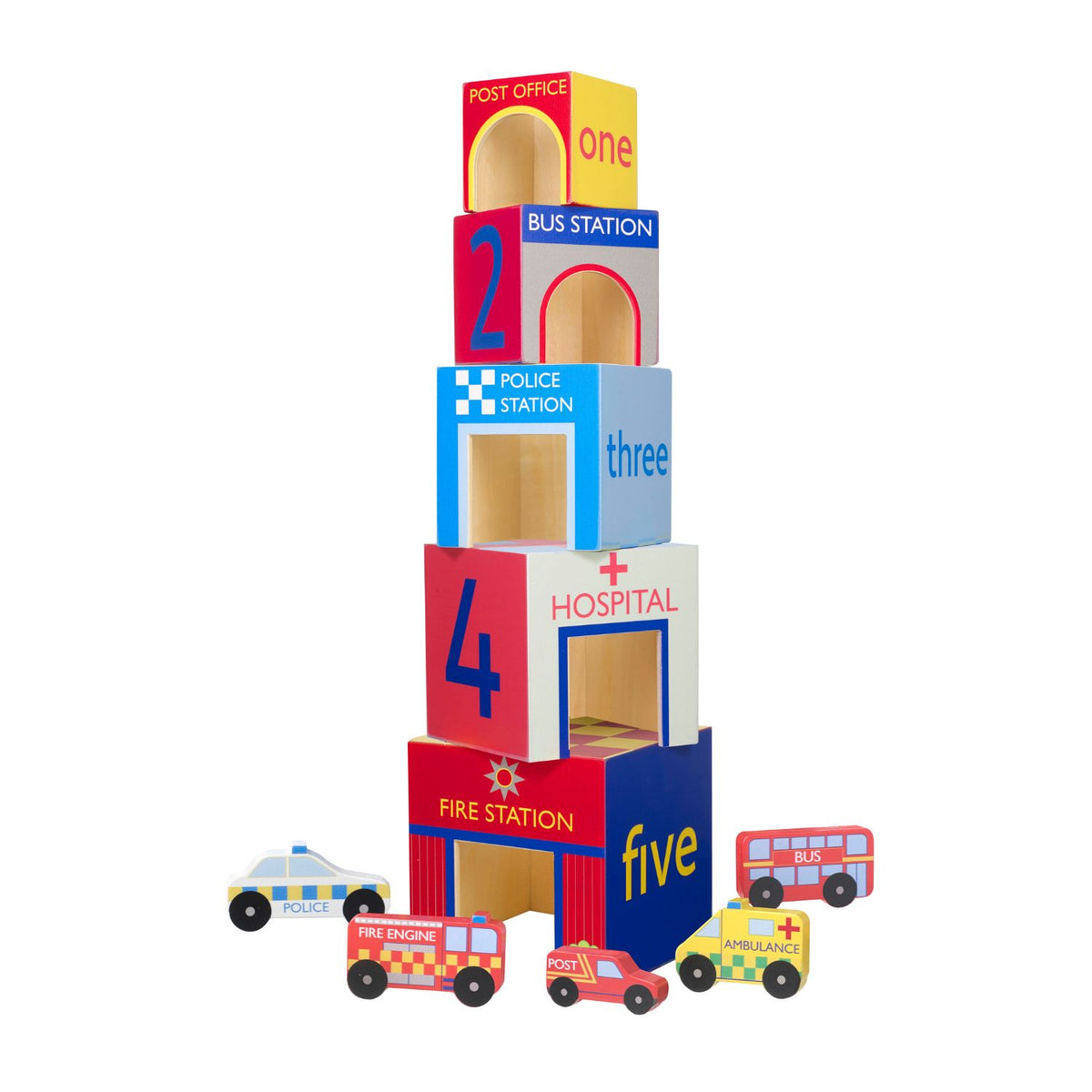 A product shot on a white background showing the assembled wooden stacking cubes and vehicles