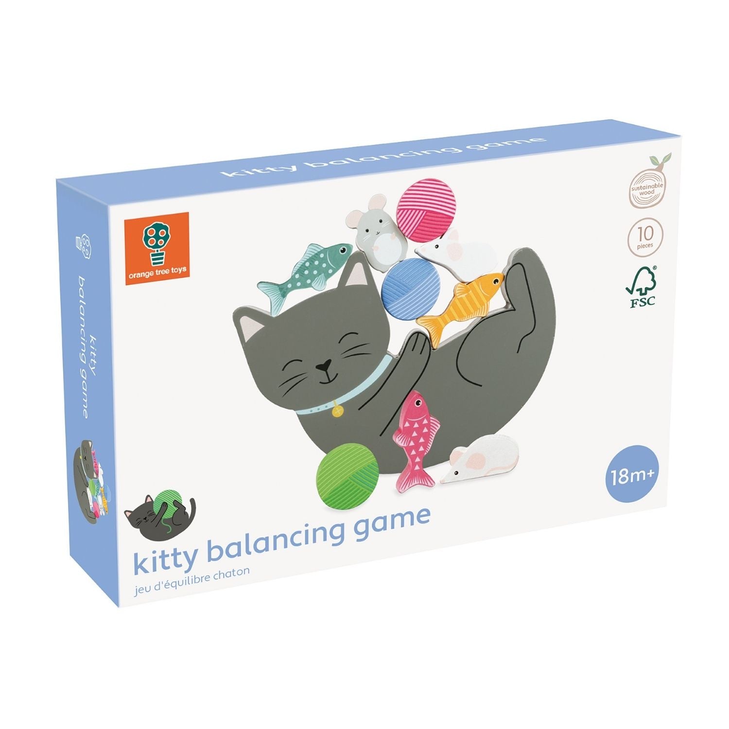 A product packaging shot featuring the Orange Tree Toys Pets Kitty Balancing Game, showing the rocking cat base balanced with a colorful tower of wooden mice, yarn balls, and fish.