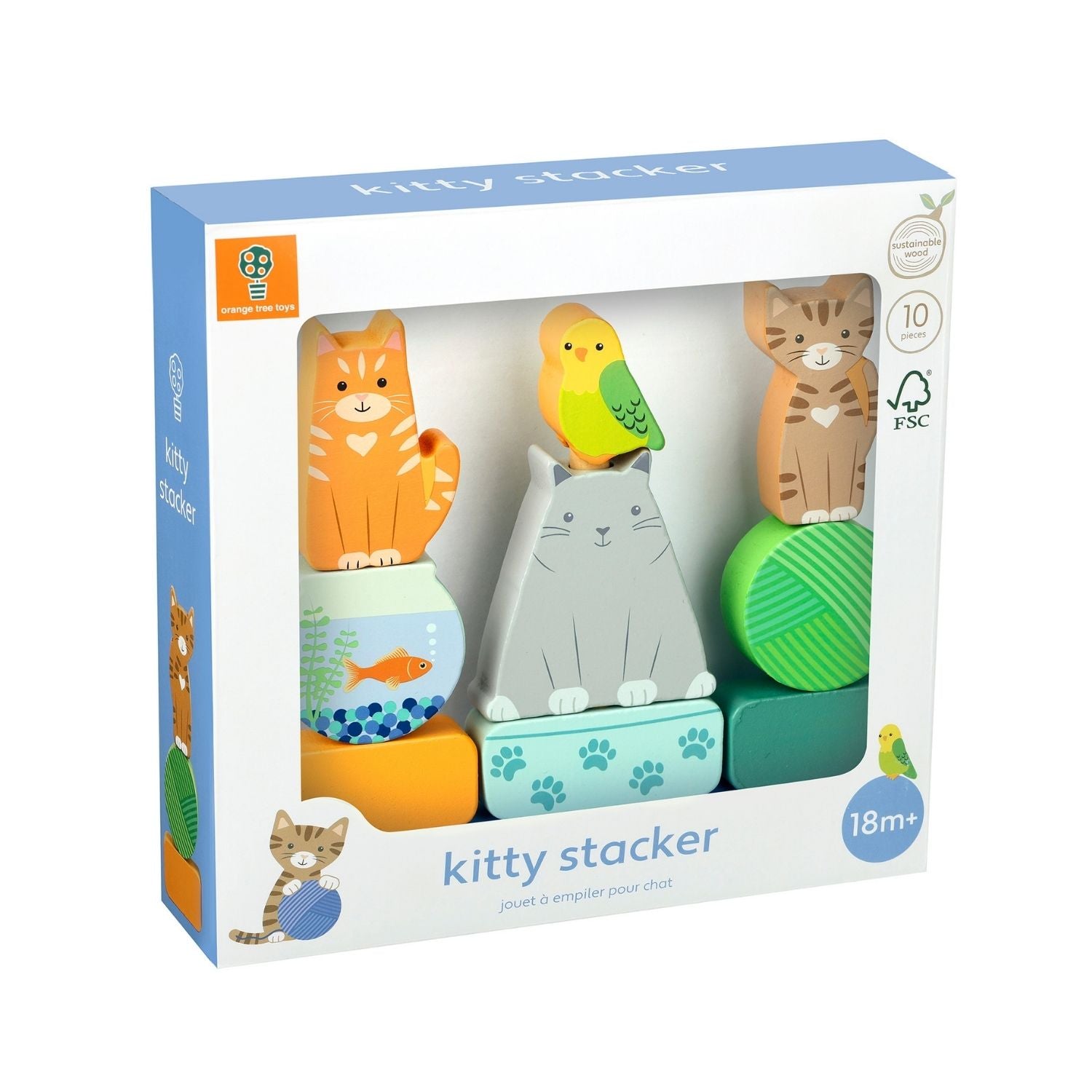 A product packaging shot featuring the Orange Tree Toys Pets Kitty Stacker fully assembled, showcasing the 3 brightly painted wooden cat characters and accessories stacked neatly