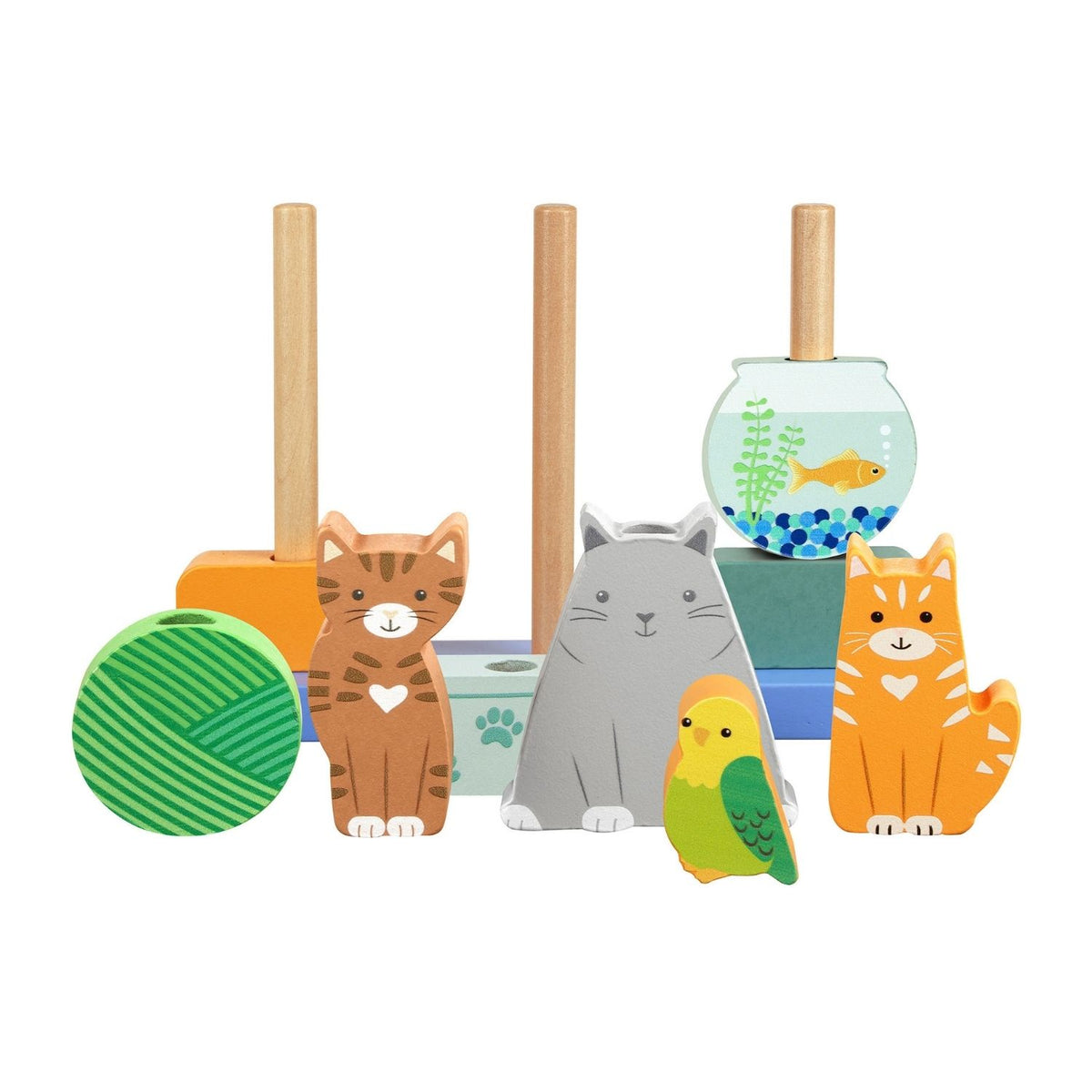 detailed close-up shot focusing on the smooth, hand-painted details of a smiling wooden cats, highlighting the child-safe, non-toxic satin paint finish.