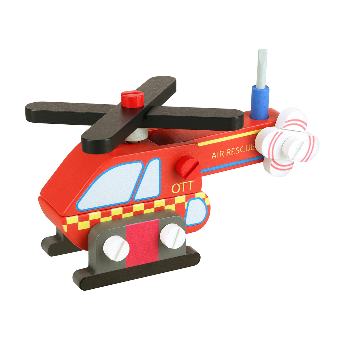 the Orange Tree Toys Emergency Services Buildable Helicopter fully assembled, showcasing its brightly painted rescue detailing, landing skids, and spinning top rotor blades