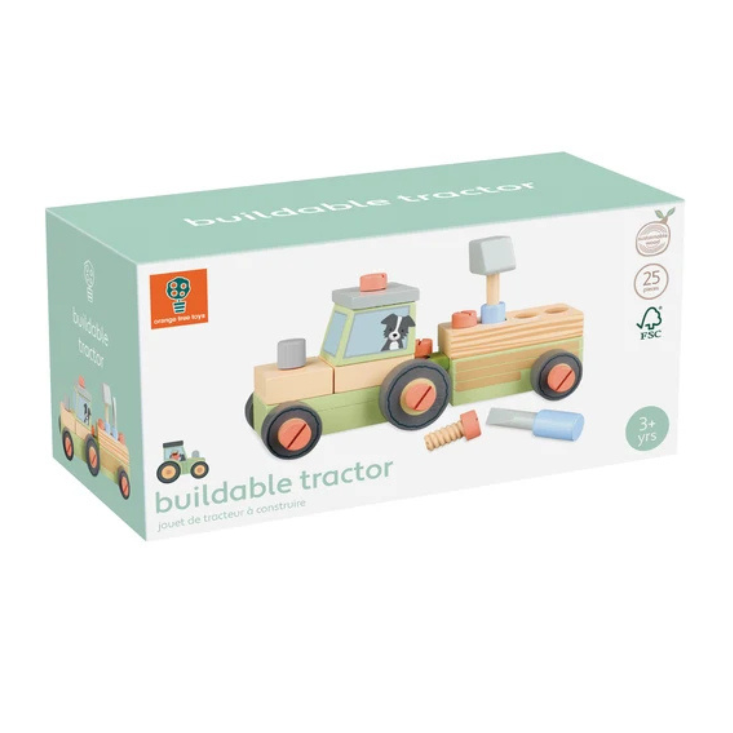 A product packaging shot on featuring the Orange Tree Toys Farmyard Buildable Tractor fully assembled with its hitched trailer, displayed alongside two painted wooden tools and colourful screws.
