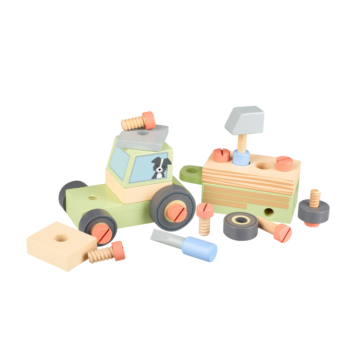 Components of the wooden buildable tractor toy showing hands-on STEM learning! Made from 100% FSC-certified wood with non-toxic paints. Builds fine motor dexterity and problem-solving through modular construction.