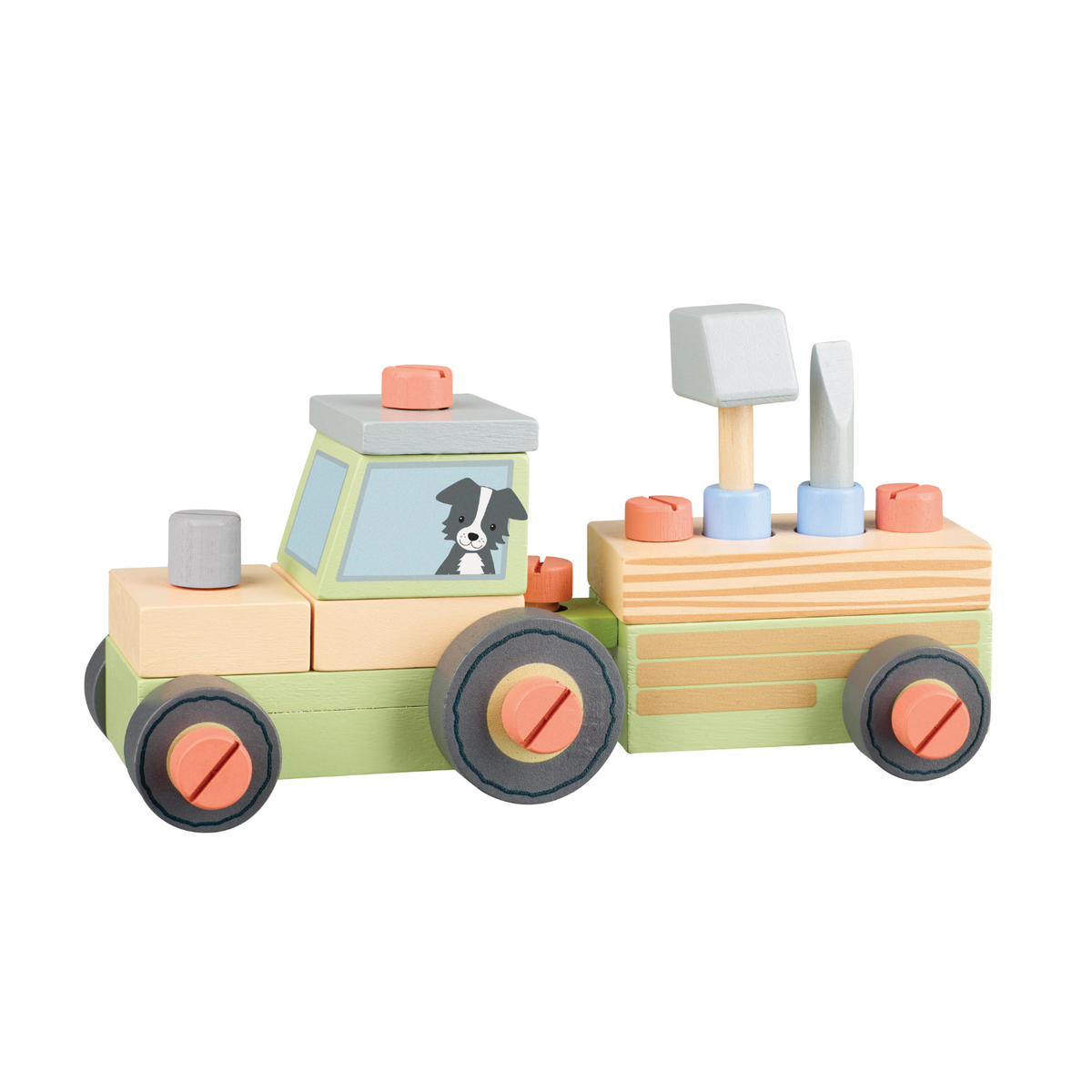 Wooden toy tractor with colorful blocks on a white background