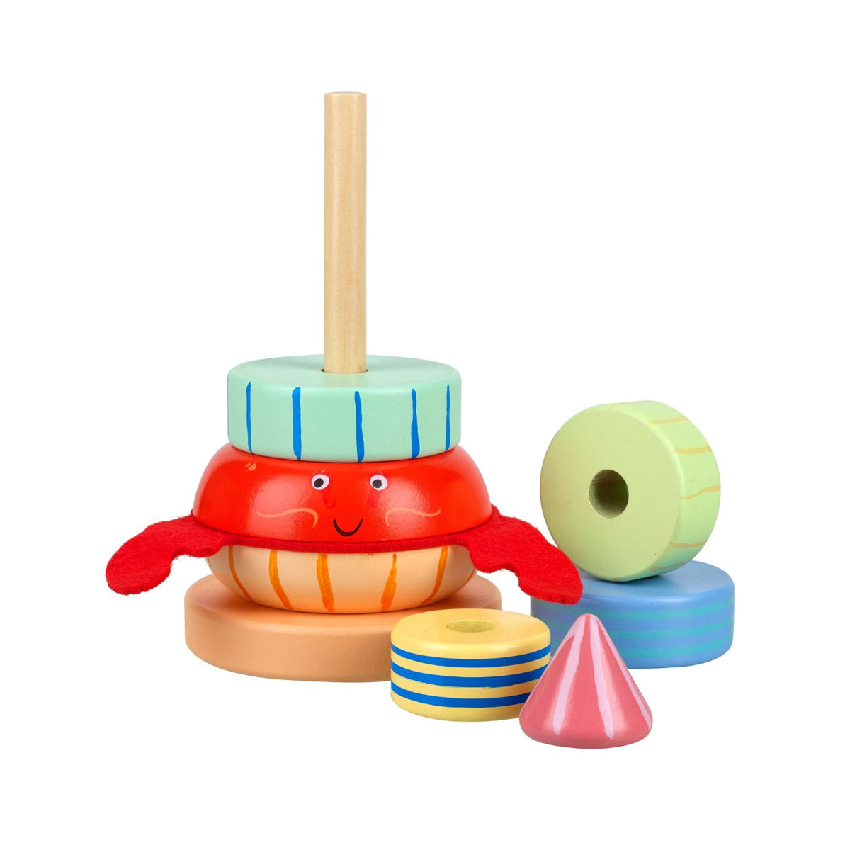 A product shot showing the sturdy, wide wooden base and upright stacking peg, engineered for stable balance during toddler play.