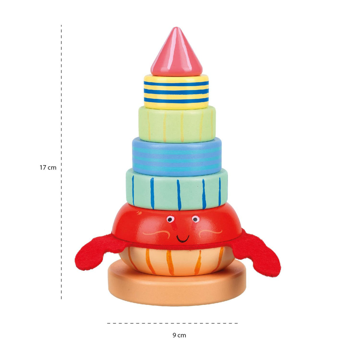 Colorful wooden stacking toy shaped like a crab with size measurements