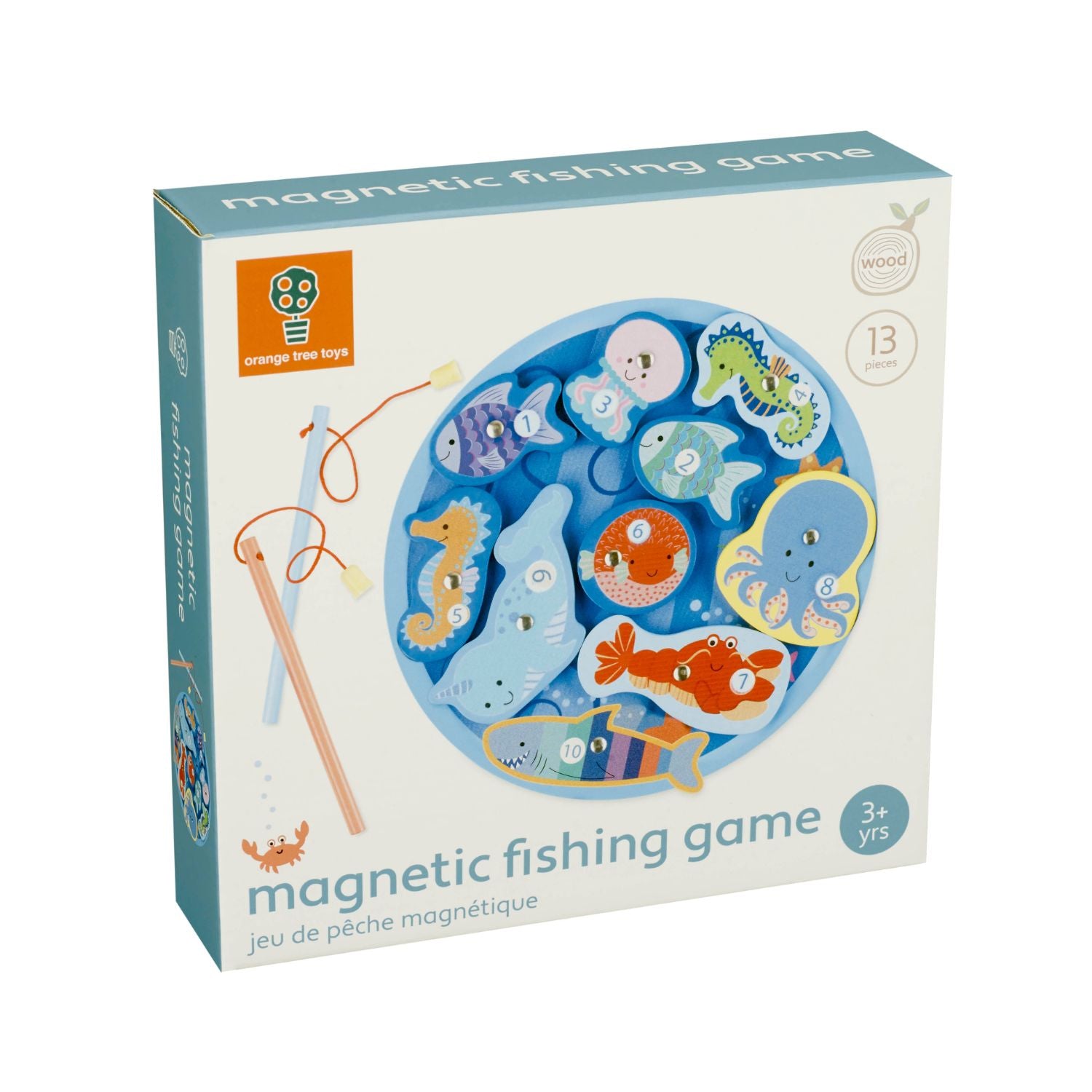 A  product shot featuring the Orange Tree Toys Sea Life Magnetic Fishing Game, showcasing the 10 brightly painted wooden sea creatures arranged around two magnetic fishing rods.