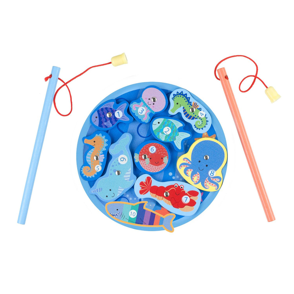 A product shot neatly arranging the 2 wooden magnetic fishing lines, 10 numbered aquatic figures