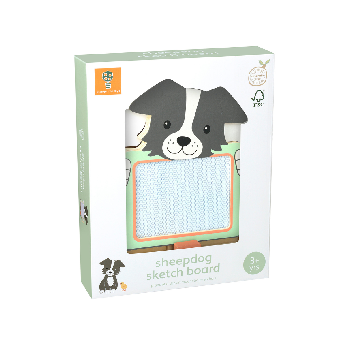 A product packaging shot featuring the Orange Tree Toys Farmyard Sheepdog Sketch Board, showcasing the friendly painted sheepdog frame, magnetic drawing screen with doodles, and attached stylus.