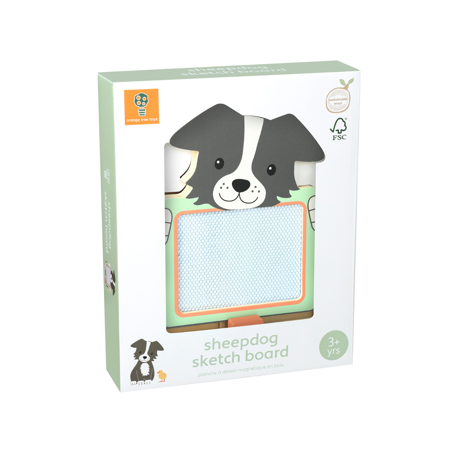 A product packaging shot featuring the Orange Tree Toys Farmyard Sheepdog Sketch Board, showcasing the friendly painted sheepdog frame, magnetic drawing screen with doodles, and attached stylus.