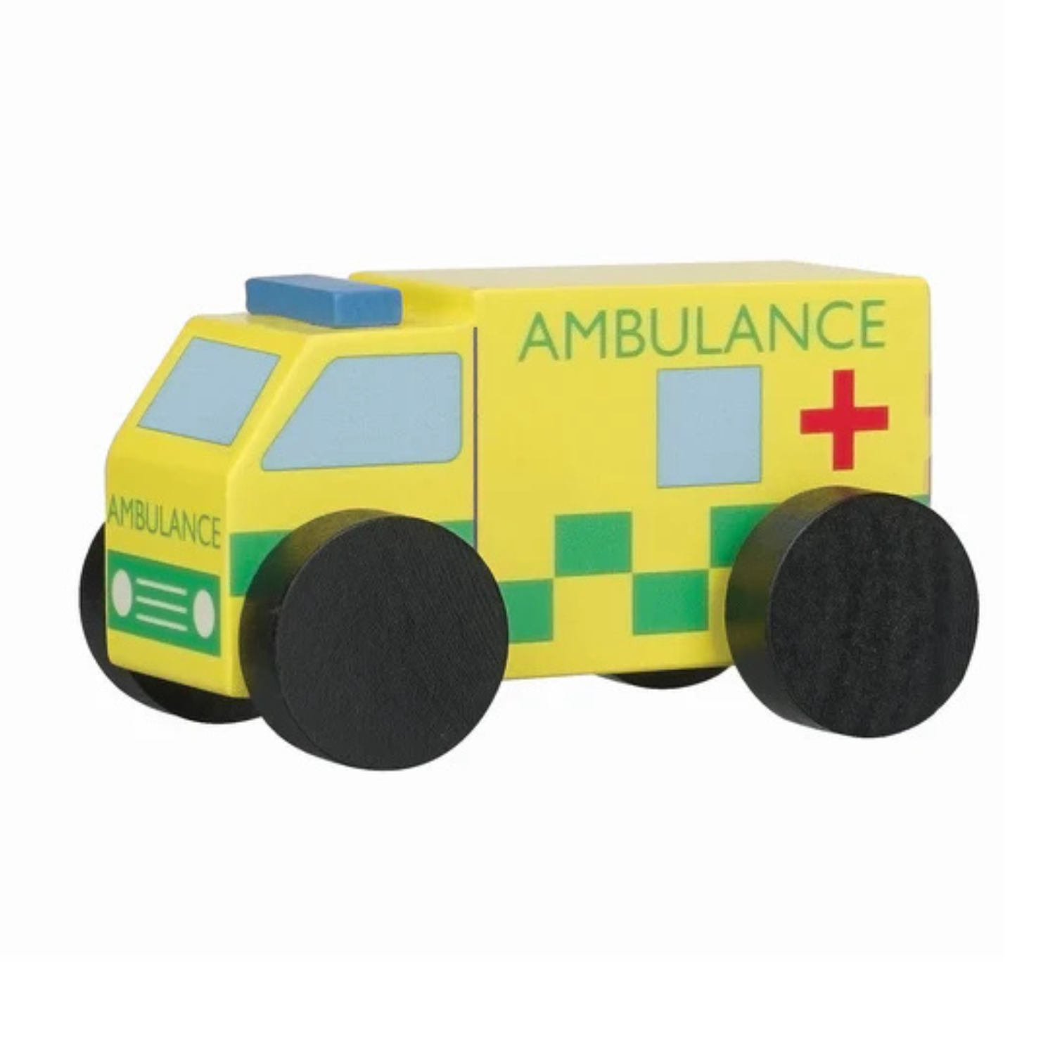 a product shot featuring the Orange Tree Toys Wooden Ambulance, showcasing its chunky painted wooden body, emergency cross emblem, and smooth rolling wooden wheels.