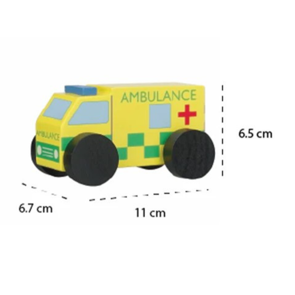 crisp side-view product shot on a clean white background displaying the ambulance's illustrated windows, friendly driver graphic, and smooth, rounded toddler-safe contours.