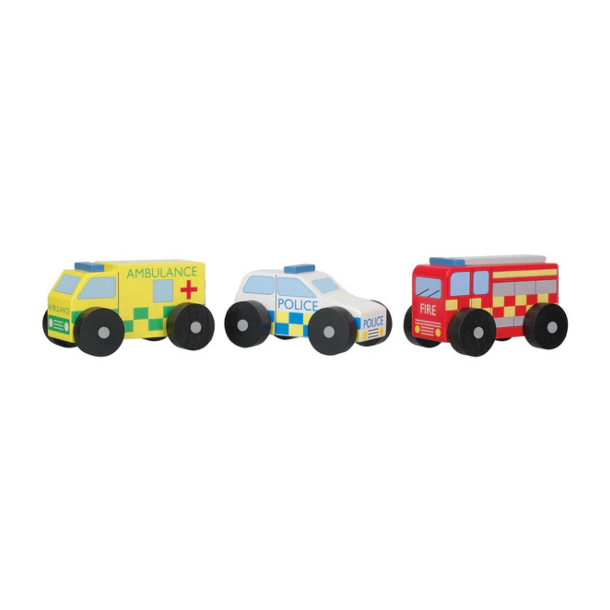 Set of toy emergency vehicles including an ambulance, police car, and fire truck on a white background.