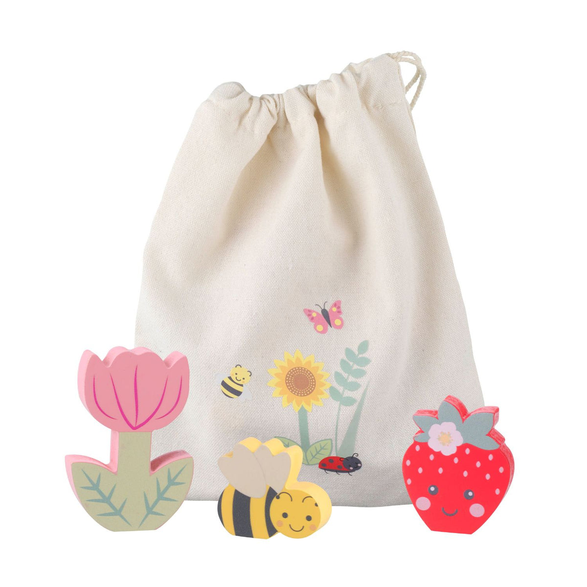 Showing the included drawstring bag with floral and insect designs, accompanied by wooden stacking toys