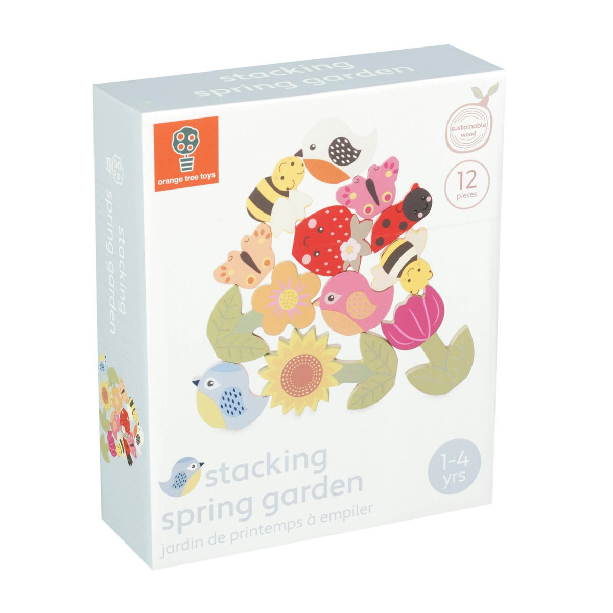 A studio product shot featuring the Orange Tree Toys Stacking Spring Garden, showcasing the balanced tower of brightly painted wooden flowers, a butterfly, and a bird