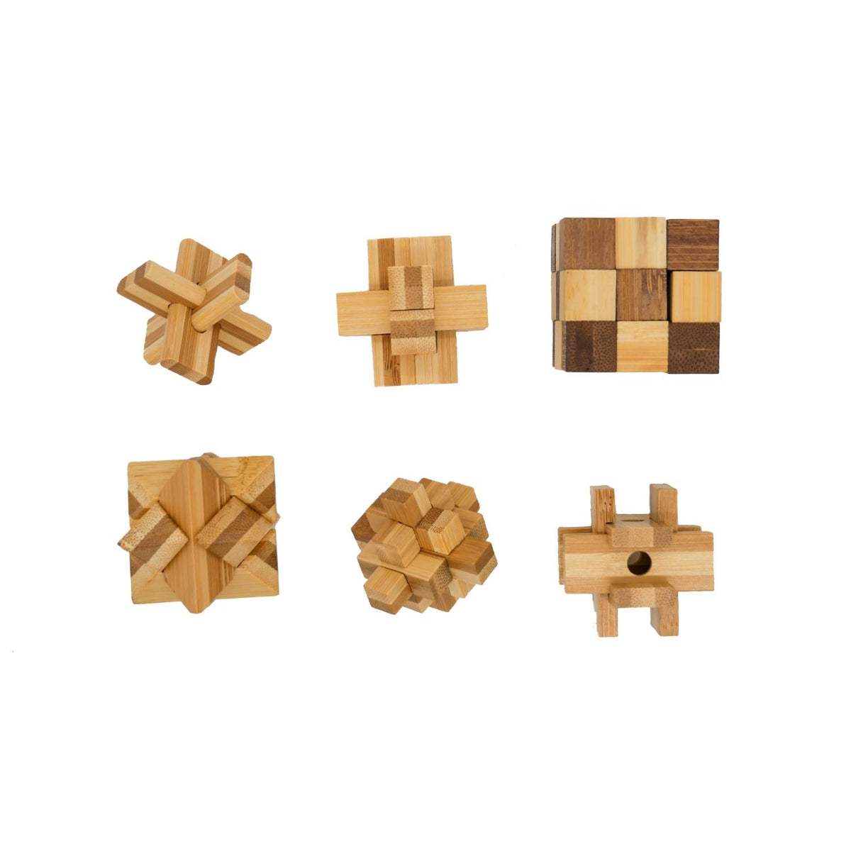 3D bamboo puzzles in various geometric shapes, including a star and a cube, designed for ages nine and up.